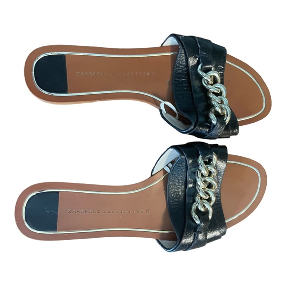 Zara basic black leather slide flat sandals with a gold chain design size 5 - Picture 8 of 11